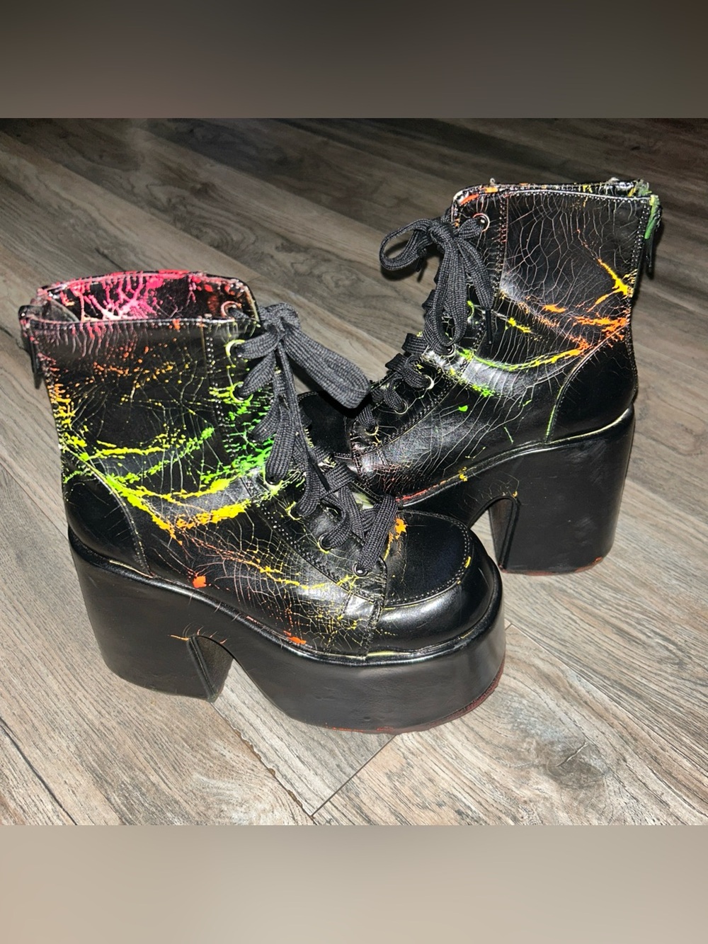 DEMONIA Camel 203 Stacked Black Paint Splatter Platform Goth Punk Ankle Boots 8